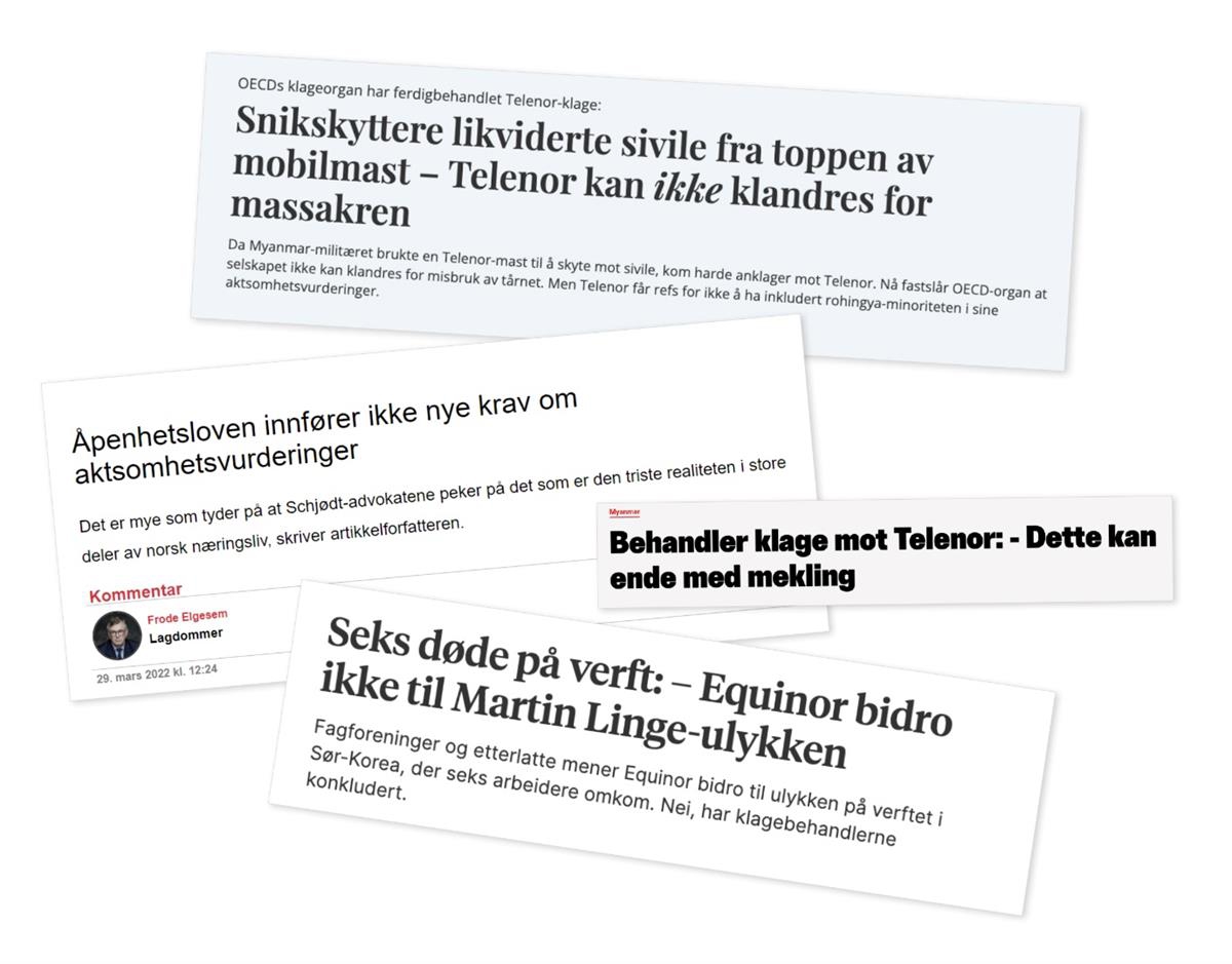 Bilde av fire titler knyttet til medieomtale av Kontaktpunktet. Titlene er som følger:
Snikskyttere likviderte sivile fra toppen av mobilmast – Telenor kan ikke klandres for massakeren.
Åpenhetsloven innfører ikke nye krav om aktsomehtsvurderinger.
Behandler klage mot Telenor: – Dette kan ende med mekling.
Seks døde på verft: – Equinor bidro ikke til Martin Linge-ulykken.