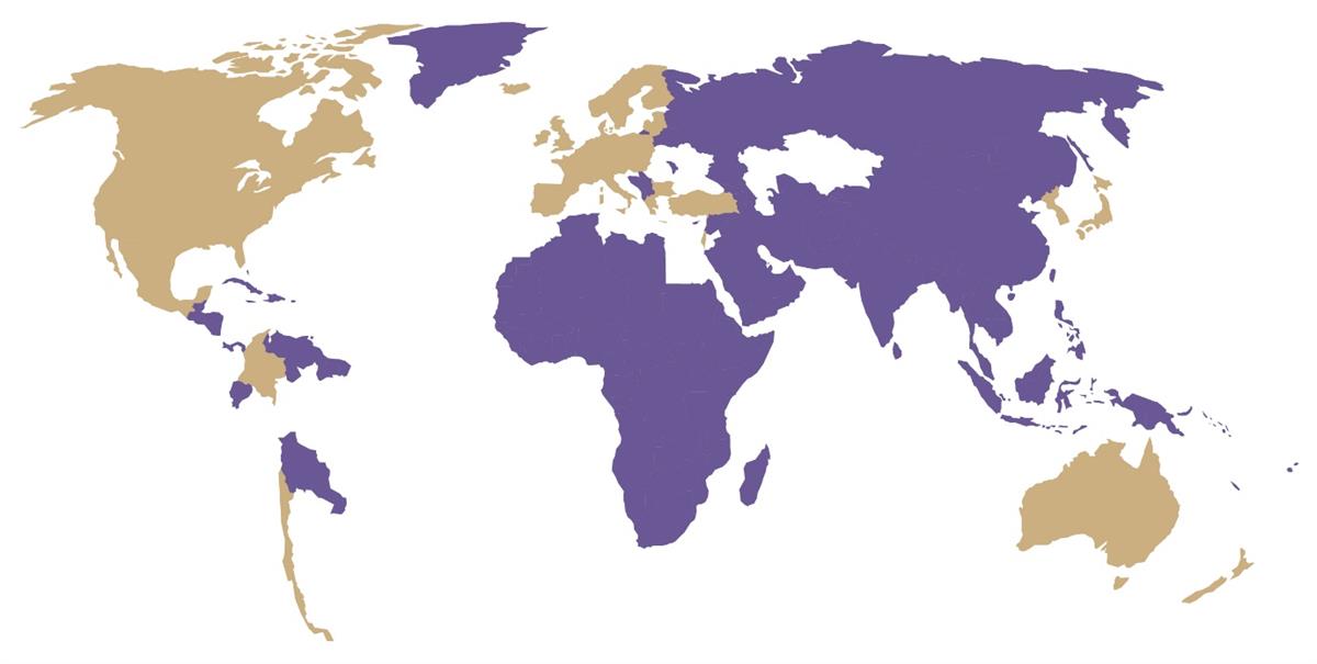 Et tegnet verdenskart, der OECD-landene og tilsluttede land med kontaktpunkt er markert med ulike farger.