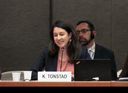 Kristel Tonstad sitter bak et skilt med navnet på og holder innlegg, under FNs årlige forum om næringsliv og menneskerettigheter.
