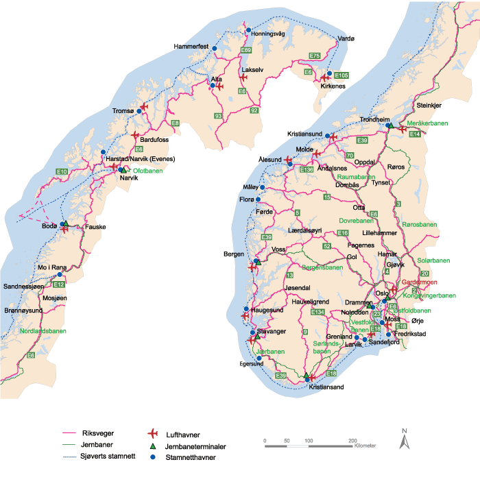 Figur 10.1 Det nasjonale transportnettet – alle transportformer