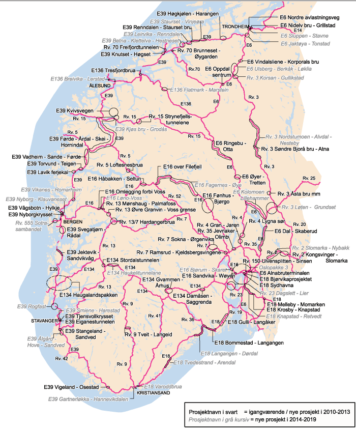 Figur 10.13 Store riksveginvesteringer i Sør- Norge 2010–2019