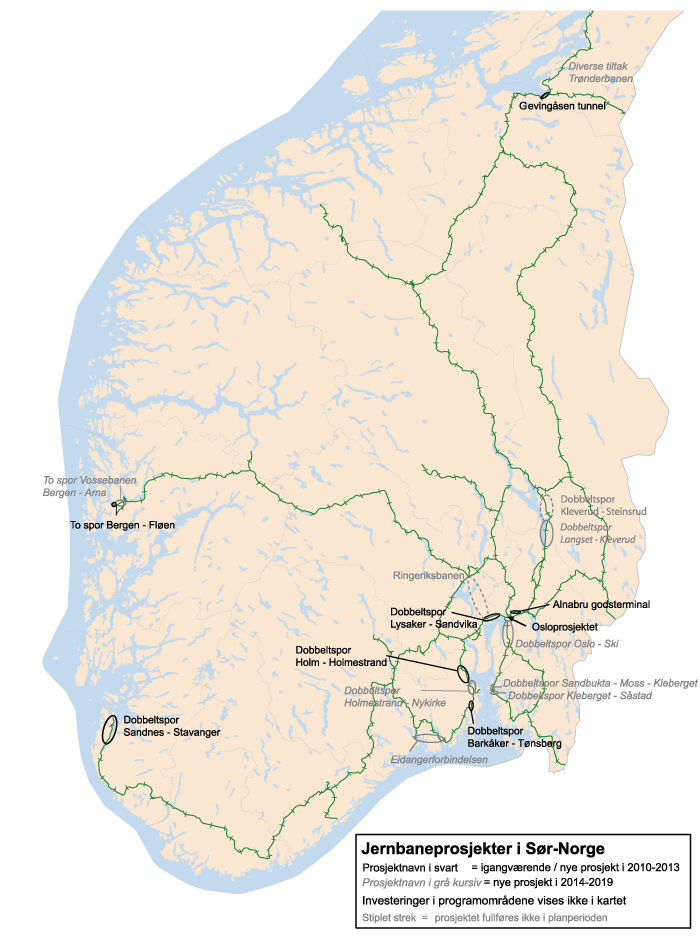 Figur 10.15 Store jernbaneinvesteringer i Sør- Norge 2010–2019