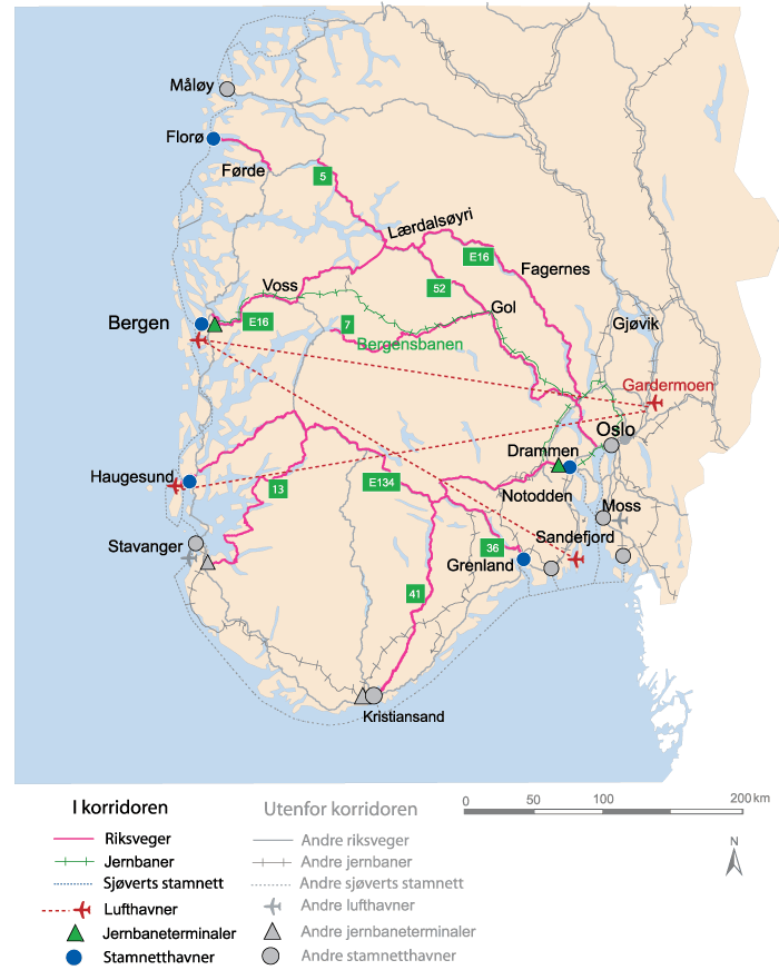 Figur 10.25 Korridor 5 OsloBergen/Haugesund med arm via Sogn til Florø