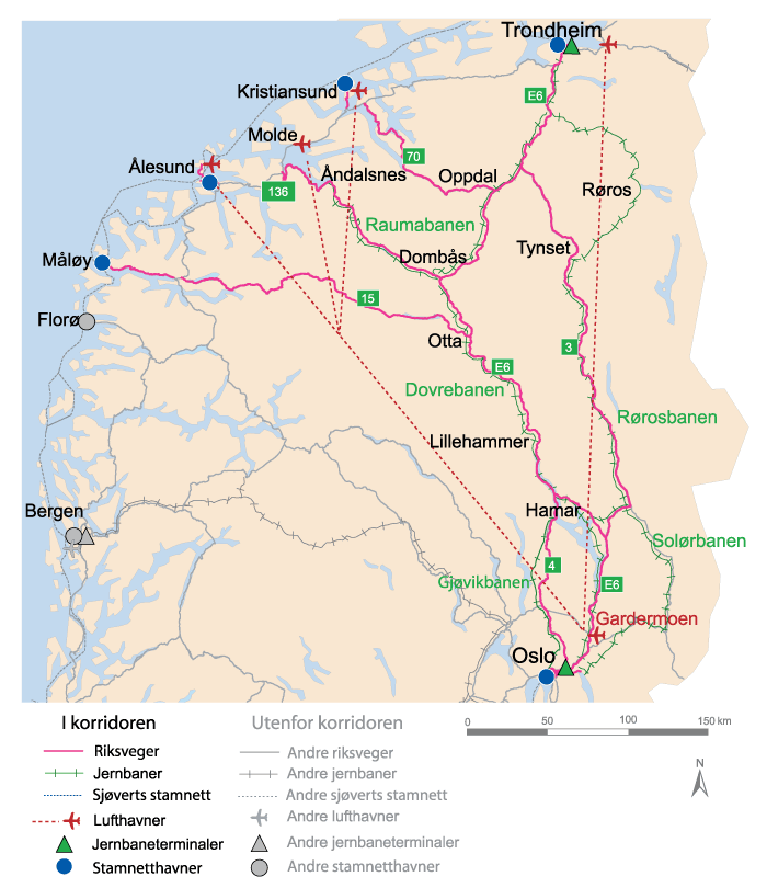 Figur 10.27 Korridor 6 OsloTrondheim med armer til Måløy, Ålesund og Kristiansund