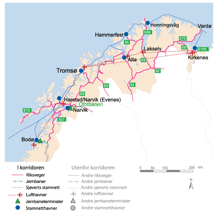Figur 10.29 Korridor 8 BodøNarvikTromsøKirkenes med arm til Lofoten og armer til grensene mot Sverige, Finland og Russland