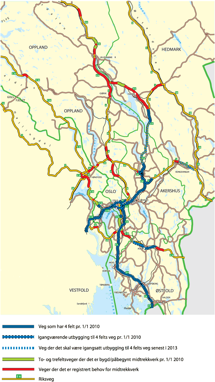 Figur 11.3 Kart over strekninger med møtefri trafikk og registrerte behov for midtdeler for Oslo, Akershus, Østfold, Hedmark og Oppland