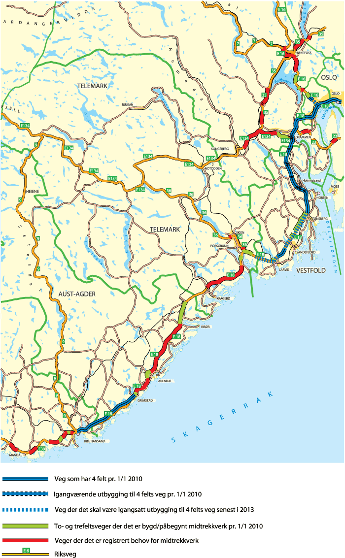 Figur 11.4 Kart over strekninger med møtefri trafikk og registrerte behov for midtdeler for Buskerud, Telemark, Vestfold og store deler av Agderfylkene