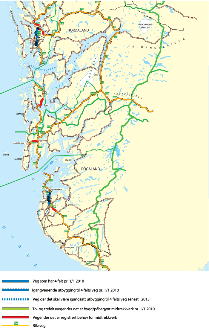 Figur 11.5 Kart over strekninger med møtefri trafikk og registrerte behov for midtdeler for Rogaland og Hordaland