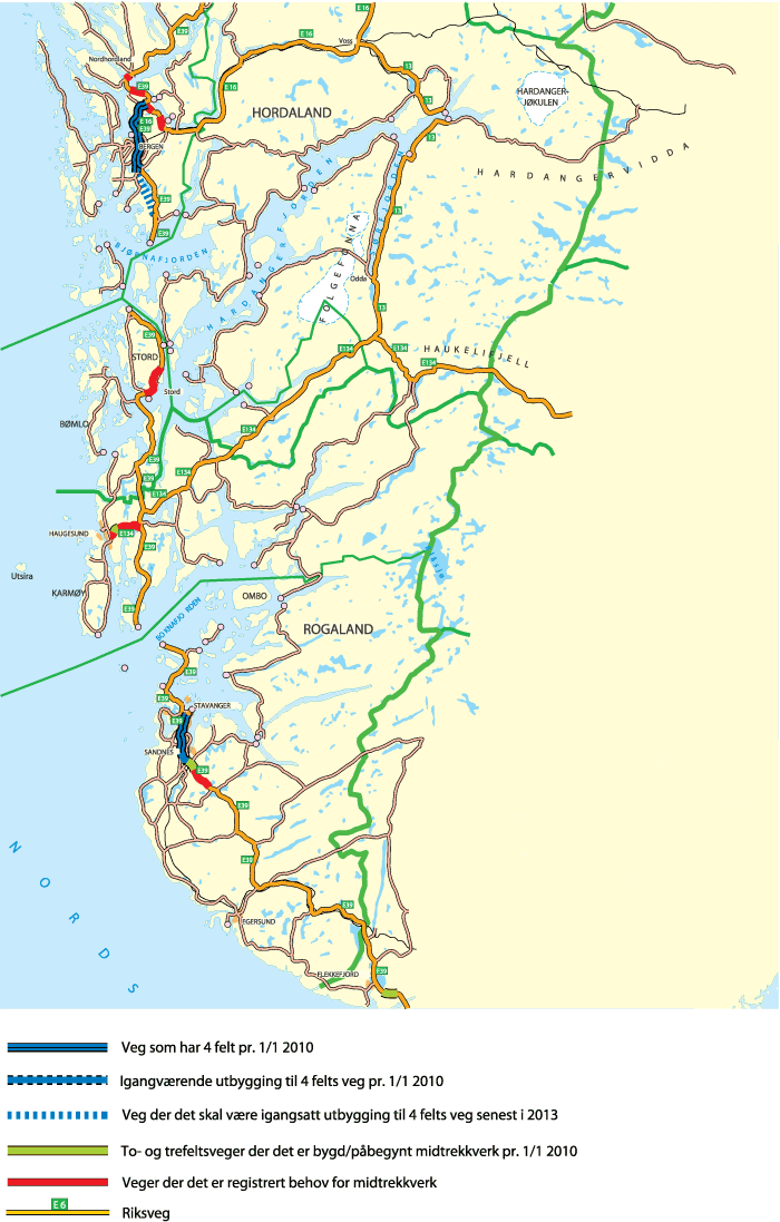 Figur 11.5 Kart over strekninger med møtefri trafikk og registrerte behov for midtdeler for Rogaland og Hordaland