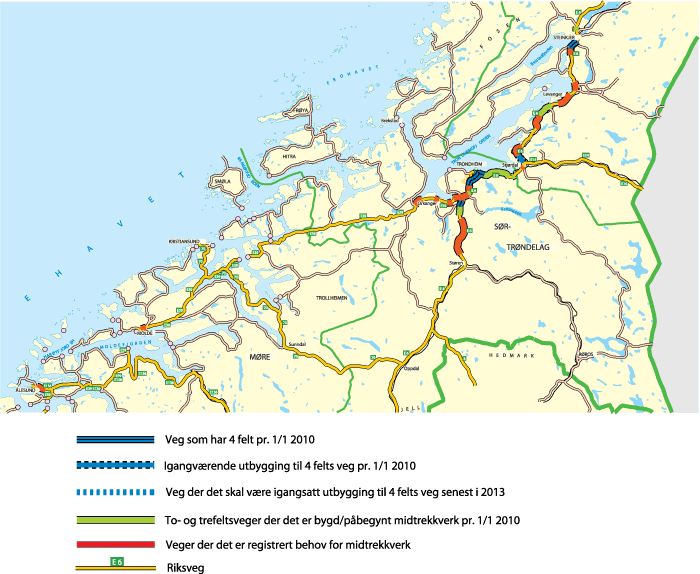 Figur 11.6 Kart over strekninger med møtefri trafikk og registrerte behov for midtdeler for Møre og Romsdal og store deler av Trøndelagsfylkene