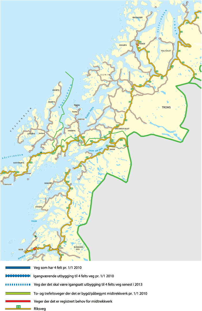Figur 11.7 Kart over strekninger med møtefri trafikk og registrerte behov for midtdeler for deler av Nordland og Troms