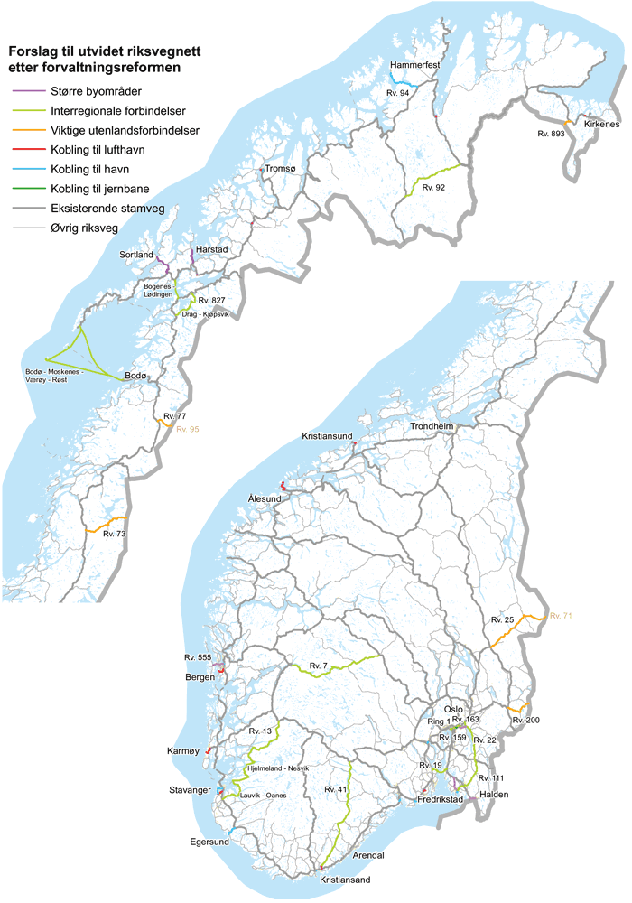 Figur 2.1 Kart over forslag til utvidet riksvegstrekning etter forvaltningsreformen
