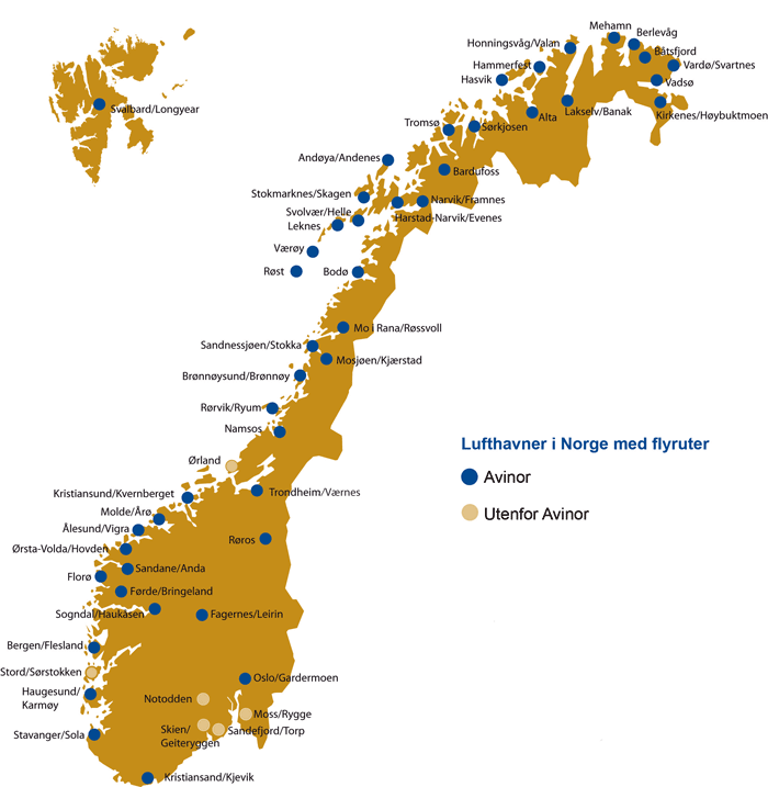 Figur 8.3 Lufthavner i Norge med flyruter