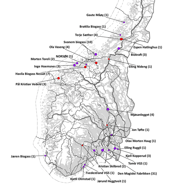 Figur 3.19 Biogassanlegg som mottok husdyrgjødsel i 2024 (søknadsomgang 2025). Nye anlegg i 2024 vises med rød prikk, og antall søkere som har levert til biogassanlegget i parentes.