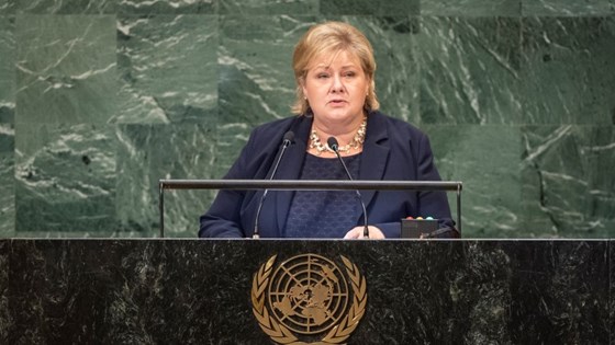 Statsminister Erna Solberg holder Norges hovedinnlegg på FNs 73. generalforsamling.