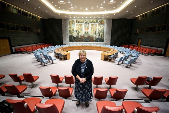Statsminister Erna Solberg i salen til FNs sikkerhetsråd