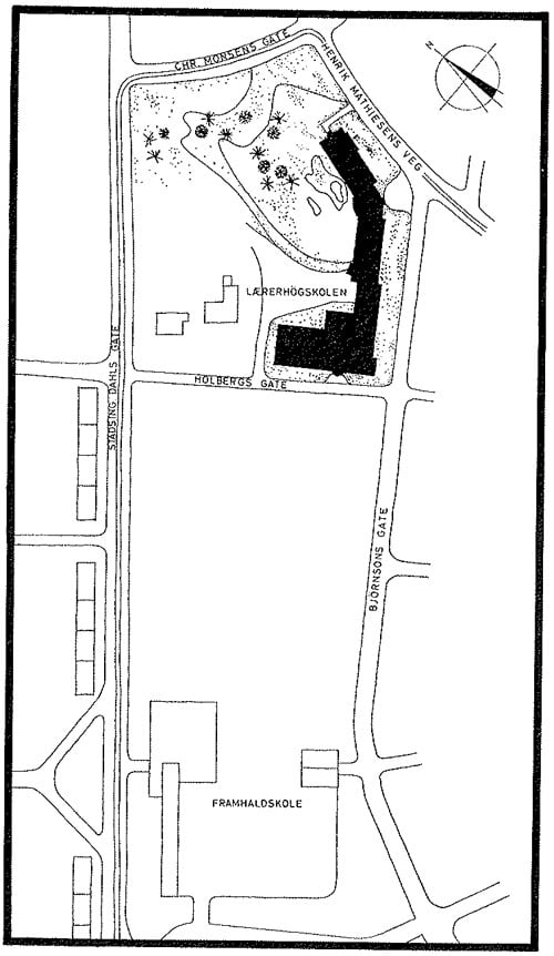 Figur 3.1 Situasjonsplan. Norges lærerhøgskole, nybygget
 på Rosenborg 1960