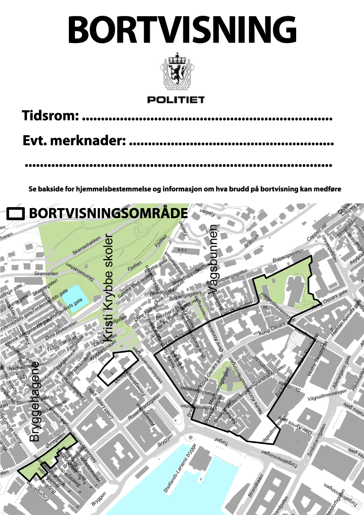 Figur 10.1 Kart over bortvisningsområde i Bergen sentrum. Den bortviste får tildelt dette kartet av politiet og blir pålagt å holde seg borte fra det angitte området i 24 timer. Hvis dette pålegget brytes, utferdiges det et bøteforelegg. I 2019 ble dette forele...