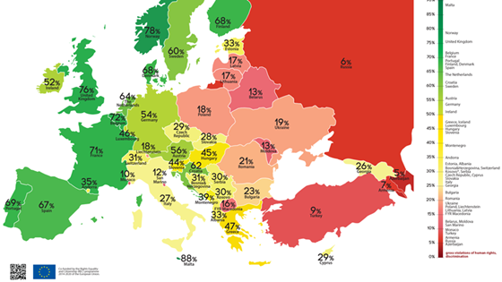 Kart over Europa. Hvert land har fått egen score basert på graden av likestilling og likebehandling av LHBT-personer.