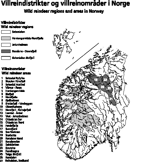 Figur 7-6 Oversikt over villreindistrikter og villreinområder i Norge