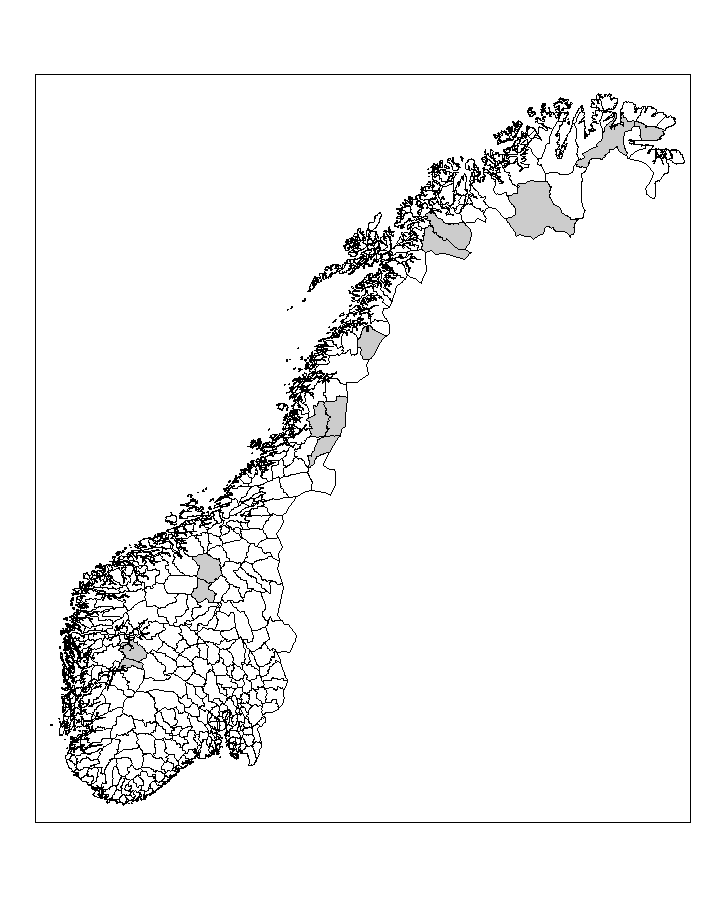 Figur 7-8 Kommuner med leveområder for fjellrev i Norge i perioden 1988-1997