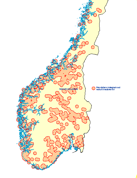 Figur 1-10 Kart over pelsdyrfarmer i Sør-Norge inntegnet med sirkel med en radius på 5 nautiske mil