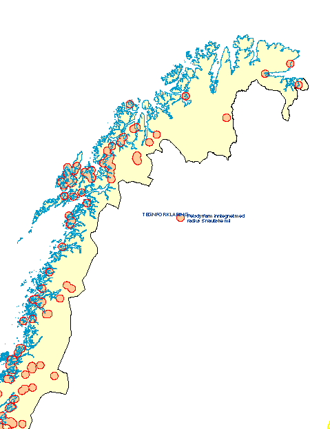 Figur 1-11 Kart over pelsdyrfarmer i Nord-Norge inntegnet med sirkel med en radius på 5 nautiske mil