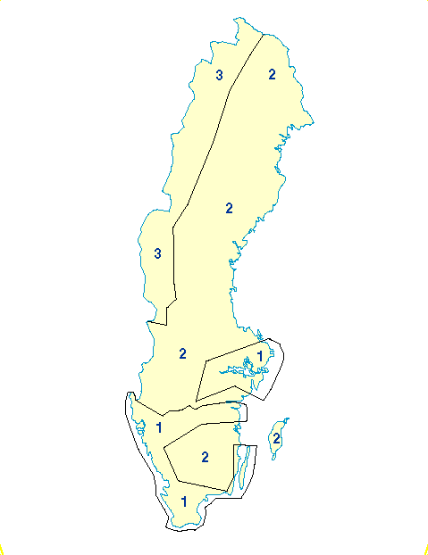 Figur 1-15 Kart over den overordnede militære soneinndeling av lavflygingsaktivitet i Sverige