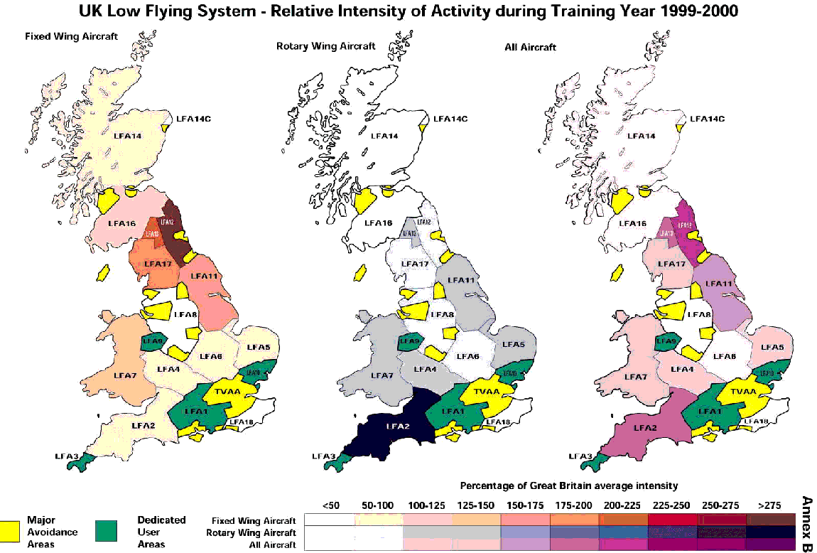 Figur 1-16 Kart over den overordnede militære soneinndeling av lavflygingsaktivitet i Storbritannia