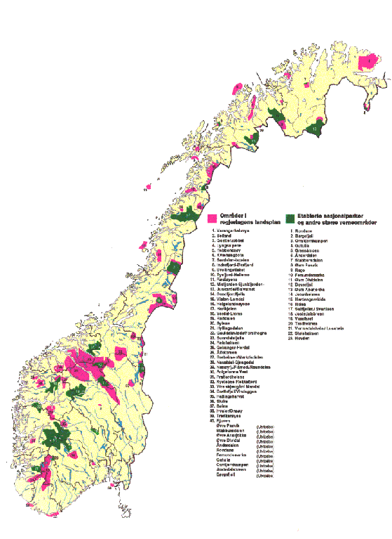 Figur 1-7 Kart over verneområder i regjeringens landsplan samt etablerte verneområder