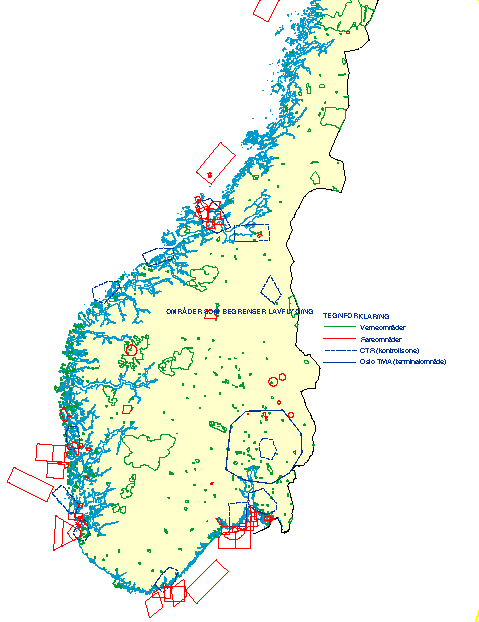 Figur 1-8 Kart over fareområder som begrenser lavflyging samt verneområder i Sør-Norge