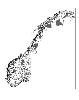 Figur 4-3 Fjellrevens utbredelse i Norge i perioden 1988-1997