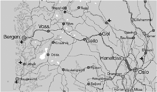 Figur 3.1 Oversiktskart med dagens bane og Ringeriksbanen