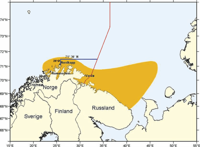 Figur 3.2 Kongekrabbens utbredelse i Barentshavet (gult), den norsk-russiske grensen (rød strek) og den vestlige og nordlige grensen for det kvoteregulerte området (blå strek)
