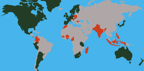 Figur 3.3 Kart over GBIF-stater. 28 stater (markert med grønt)
 er fulle medlemmer. 16 stater (markert med rødt) og 35
 organisasjoner er assosierte medlemmer.
