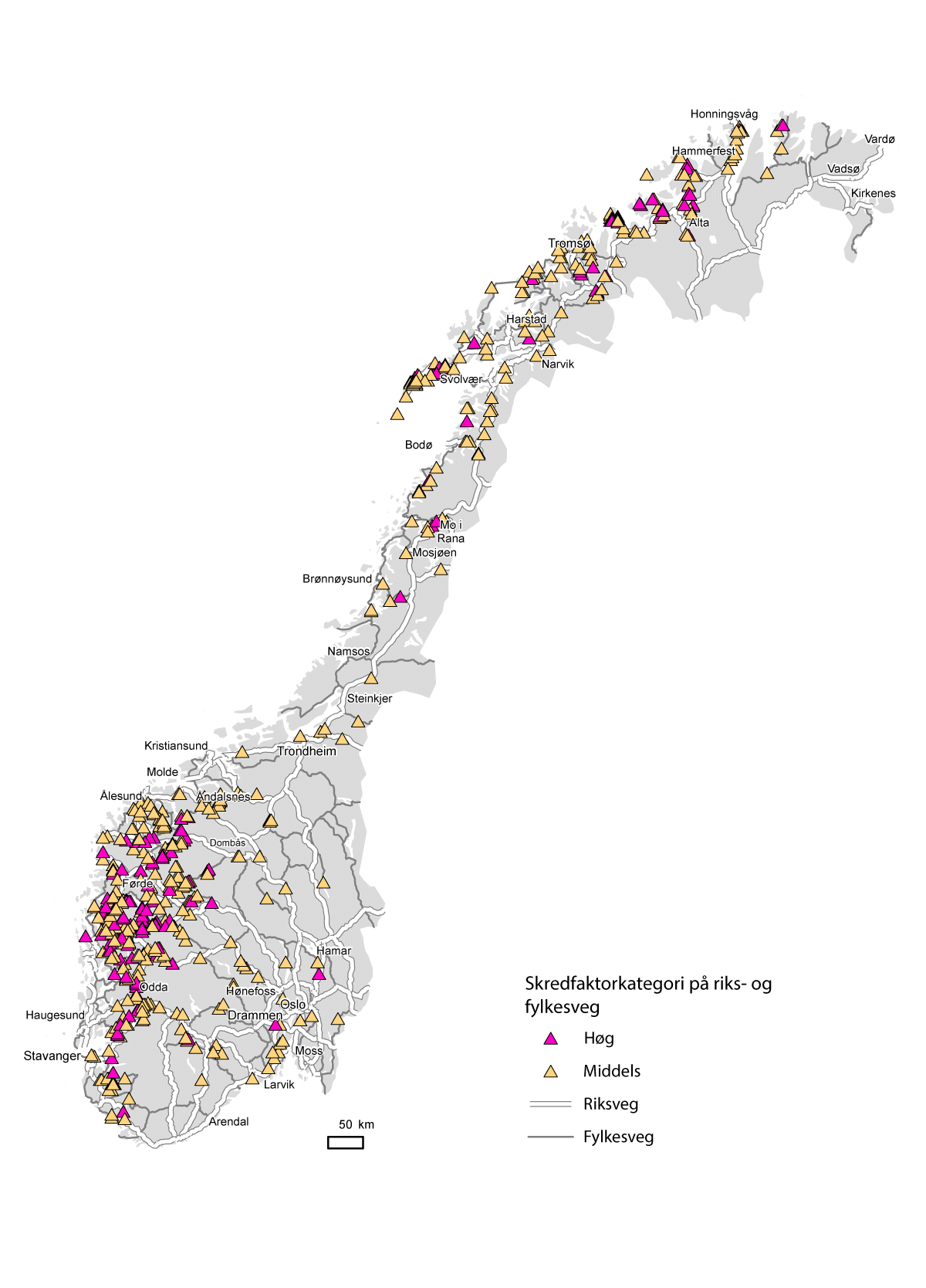 Figur 12.1 Kart over skredpunkt med høg og middels skredfaktor.