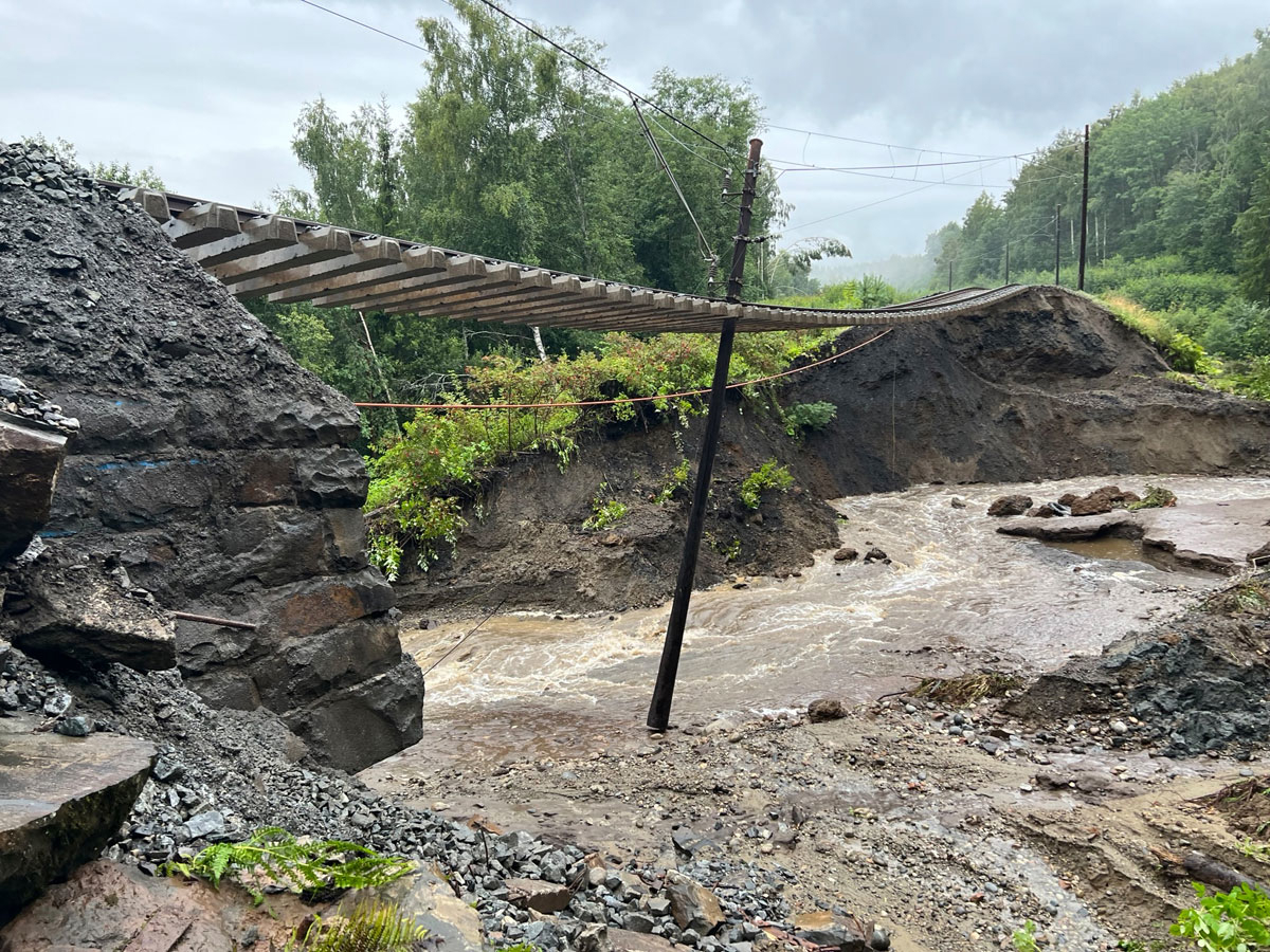 Figur 12.3 Mellom Roa og Hønefoss vart massane under jernbanesporet skylde vekk under ekstremvêret Hans i august 2023.