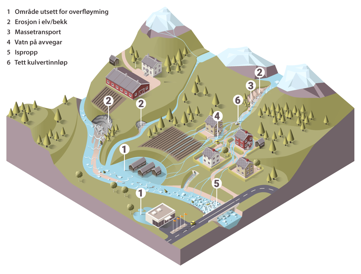 Figur 2.1 Ulike utfordringar knytte til flaum og erosjon i eit vassdrag. 