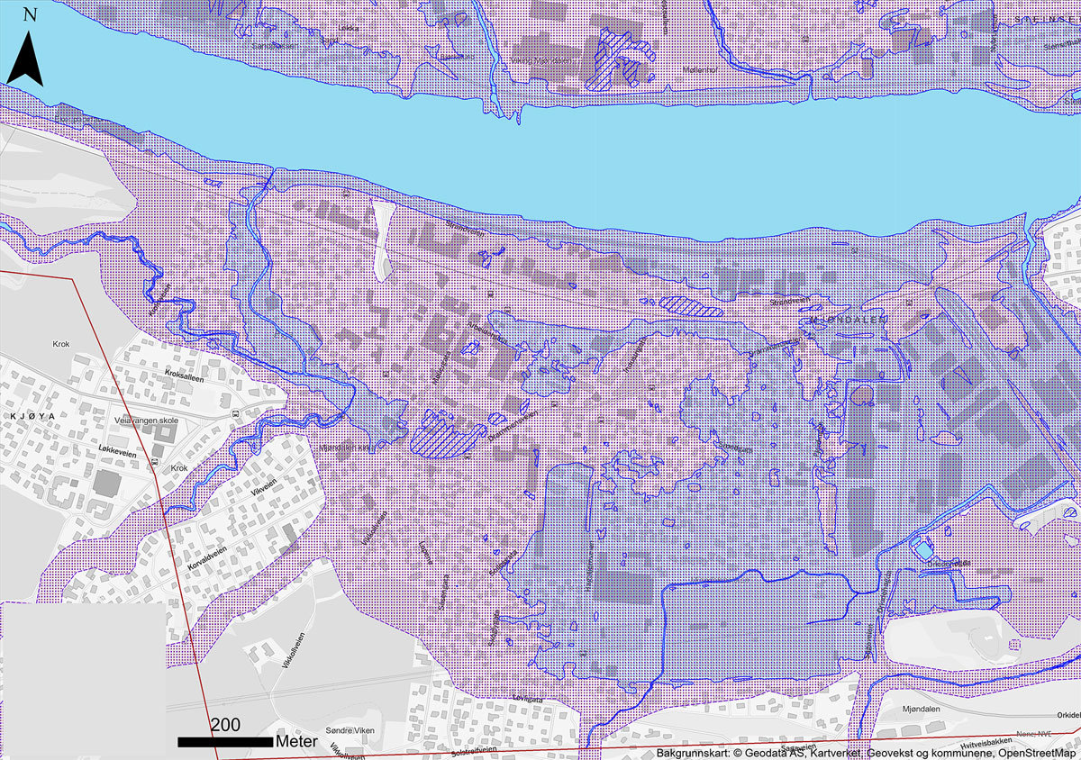 Figur 5.1 Aktsemdskart (rosa) for flaum og faresonekart (blått) for 200-årsflaum for Mjøndalen i Drammen kommune.