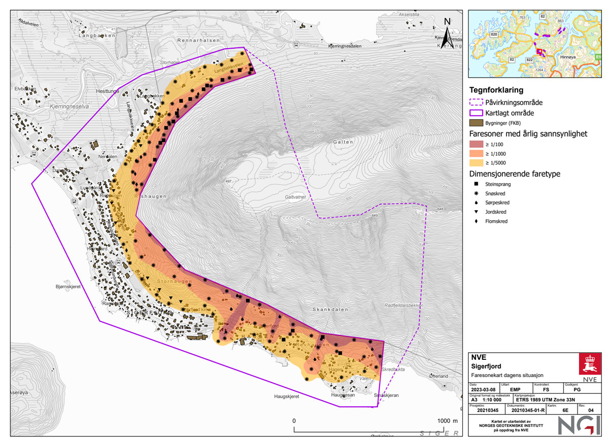 Figur 5.2 Døme på faresonekart for skred i bratt terreng, Sigerfjord i Sortland kommune.