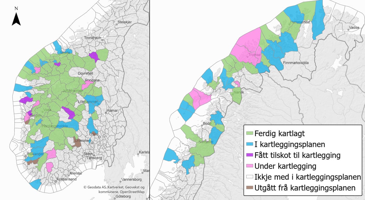 Figur 5.3 Status for NVE si kartlegging av faresoner for skred i bratt terreng. Kommunegrensene er som i NVE sin kartleggingsplan frå 2011.