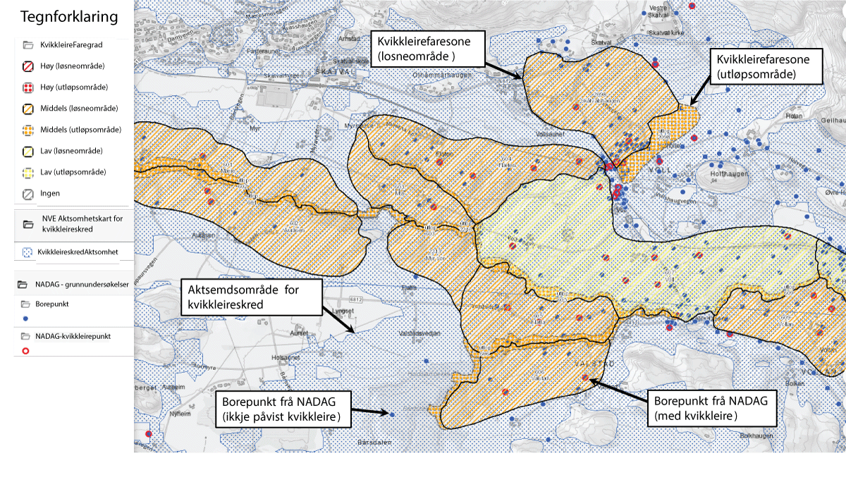 Figur 5.4 Utsnitt frå NVEs Temakart Kvikkleireskredfare som viser aktsemdsområde, faresoner og borepunkt frå Nasjonal database for grunnundersøkingar (NADAG) for ein del av Stjørdal kommune.