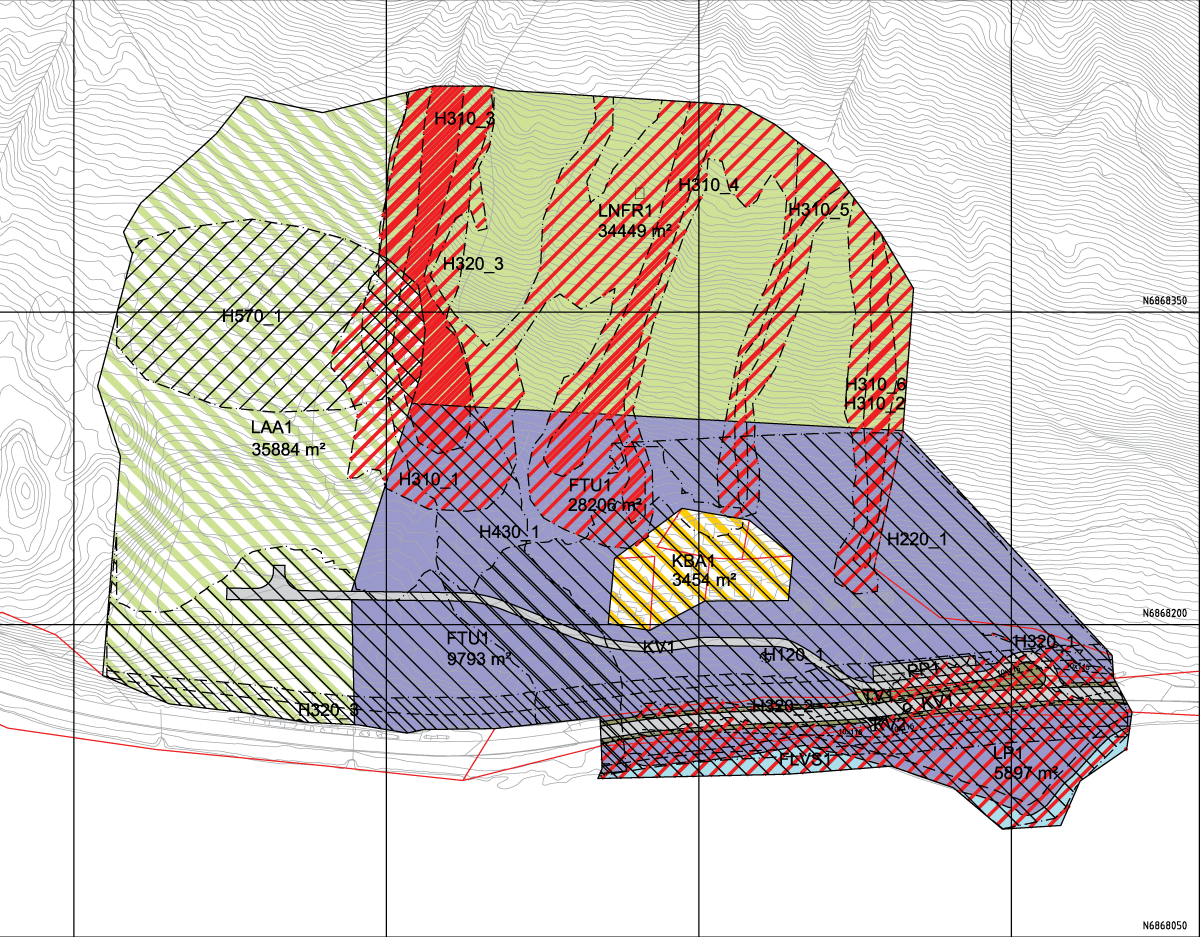 Figur 6.1 Utsnitt frå reguleringsplan for Heggli i Skjåk kommune, der ulike soner er markerte med ulik farge og skravering, og representerer ulike formål (friluftsliv, veg, kombinert bygg og anlegg, osv.). Omsynssoner er markerte med ulik skravering, inkludert...