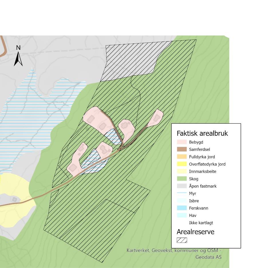 Kart. Illustrasjon av overlagsanalyse med elementene planlagt arealbruk i gjeldende plan, planforslaget, natur og faktisk arealbruk.