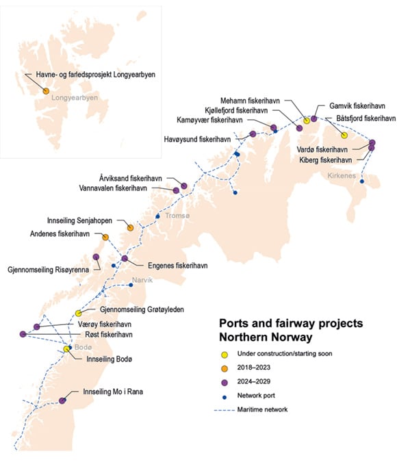 Figure 6.6 Ports and fairway projects in Northern Norway