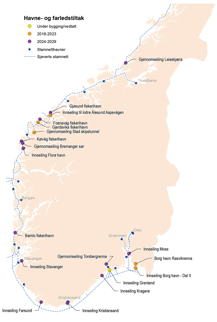 Figur 13.8 Havne- og farledstiltak i Sør-Norge
