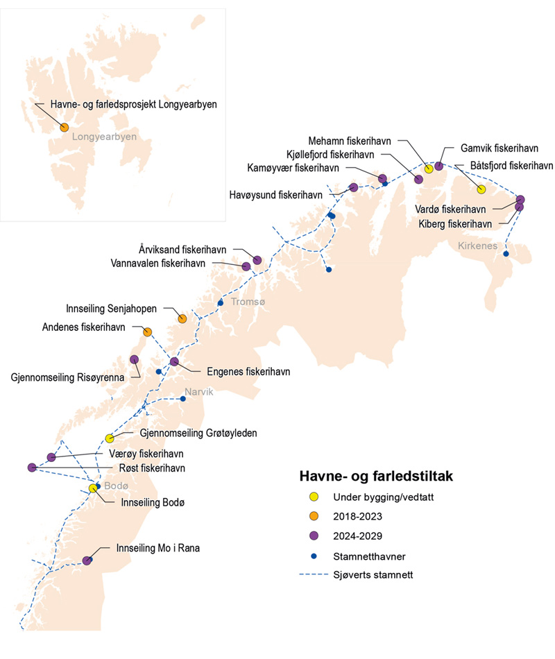 Figur 13.9 Havne- og farledstiltak i Nord-Norge
