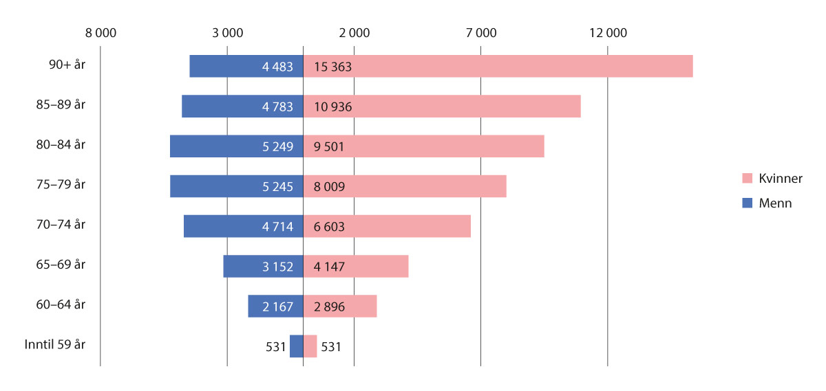 Figur 12.5 Antall personer med demens i Norge i 2020 fordelt på alder og kjønn. Gjengitt fra Menon Economics (887).