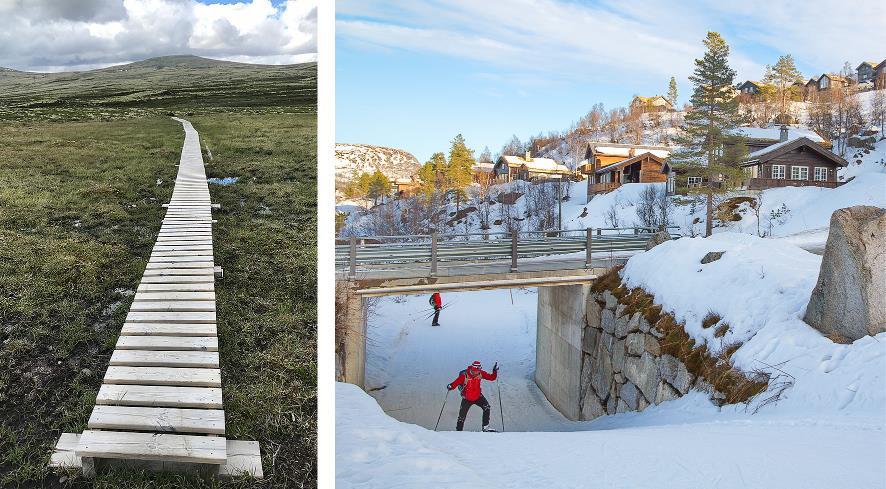 Til venstre: Klopping i Rondane nasjonalpark for å avgrense slitasjen over myr. Til høgre: Planskilt kryssing av køyreveg for å vareta trafikktryggleiken for skiløparar.