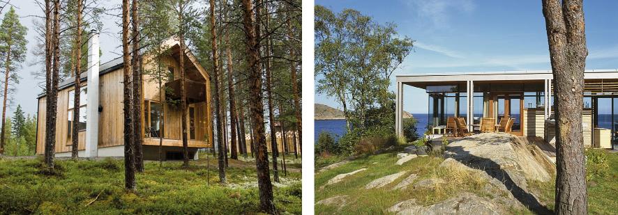 Til venstre skogshytte av Heim og Huus Arkitekter, til høgre sjøhytte av Lund Hagem arkitekter.